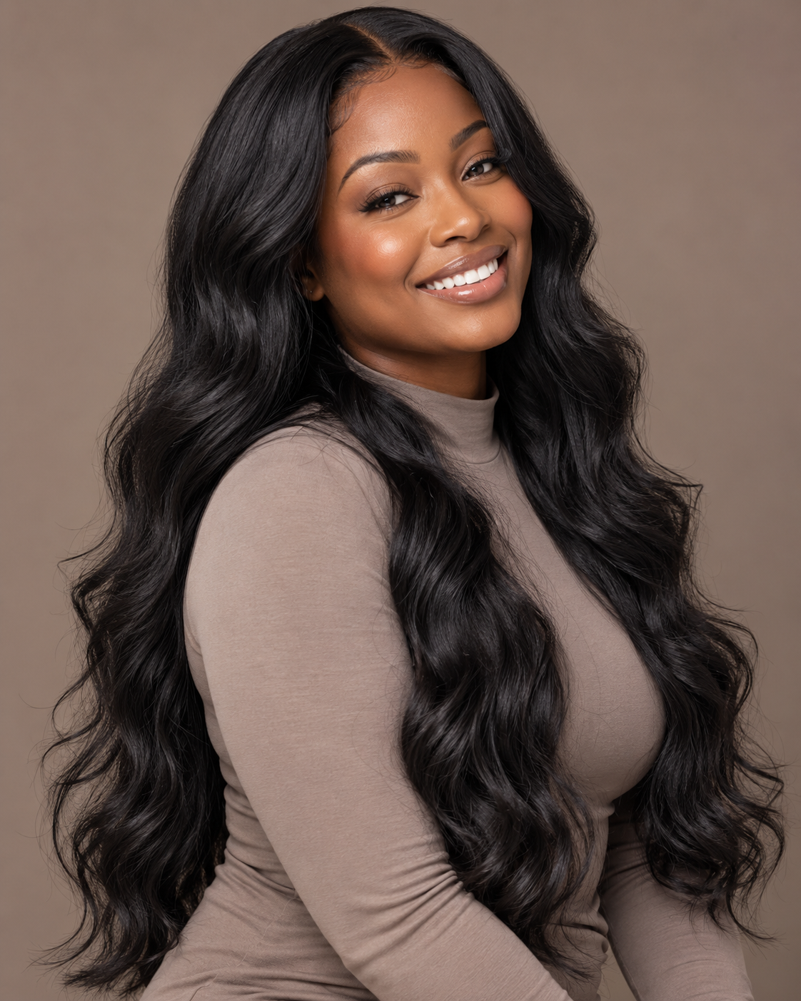 Shade Comfort loose body-wave style worn by a model